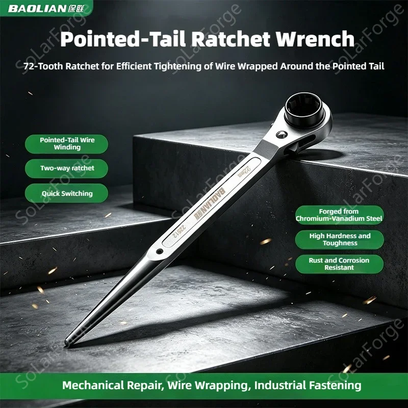 BAOLIAN Pointed Tail Ratchet Spanner, 72T Bidirectional Double Head Socket Wrench, Cr-V Steel for Scaffold & Maintenance