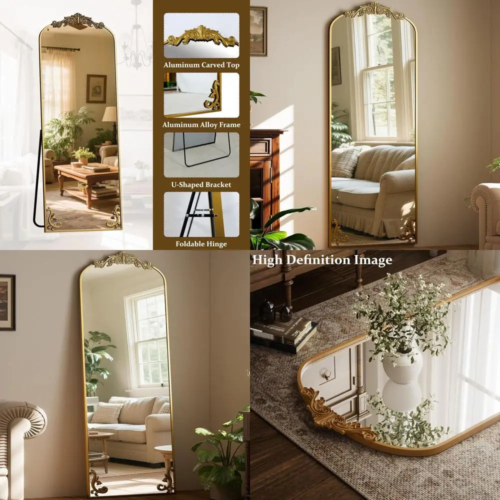 

Арочное напольное зеркало с резной металлической рамой и декоративным основанием, золотое зеркало в полный рост для домашнего декора, винтажное резное настенное зеркало