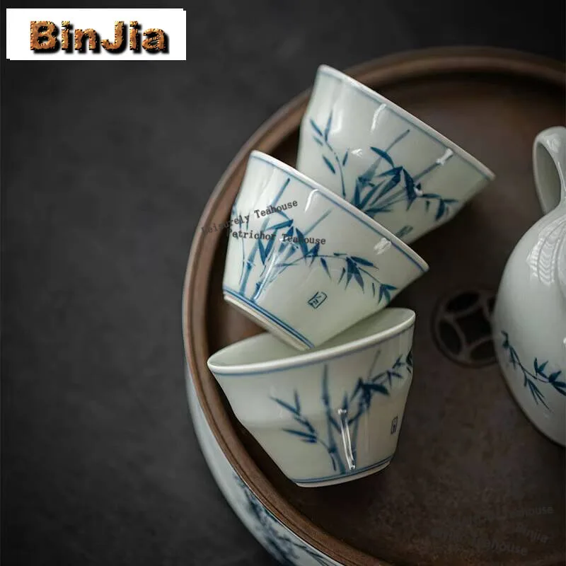 

2Pc/Set Underglaze Color Hand-Painted Bamboo Ceramic Tea Cup Japanese Single Master Meditation Bowl Kung Fu Teaset 40Ml