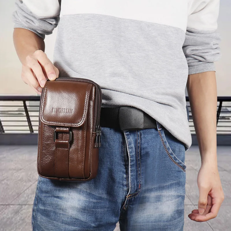 Men's Mobile Phone Waist Bag Outdoor Work Chest Bag PU Cigarette Case Key Chain Wear Belt Backpack Sport Hiking Portable Satchel