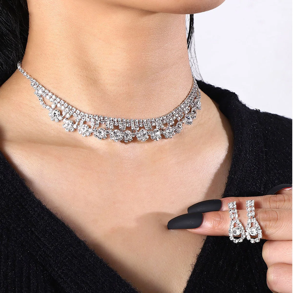 Luxury Flower Cluster Crystal Choker Jewelry Set for Women, Sparkling Rhinestone Earrings, Party Prom Gift