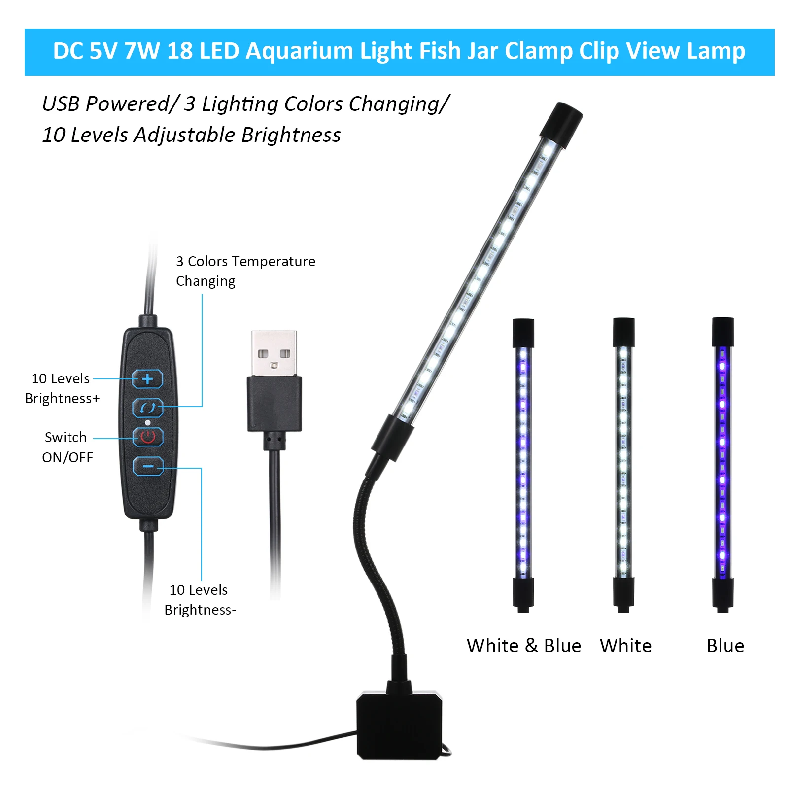 7W 18 LED Aquarium Light Fish Jar Clamp Clip View Lamp USB 3 Lighting Colors Changeable 10 Levels Adjustable Brightness Dimmable