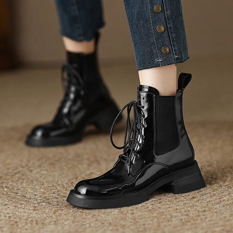 NEW Fall Shoes Women Patent Leather Boots Round Toe Chunky Heel Women Boots Winter Solid Lace-up Ankle Boots Western Boots Women