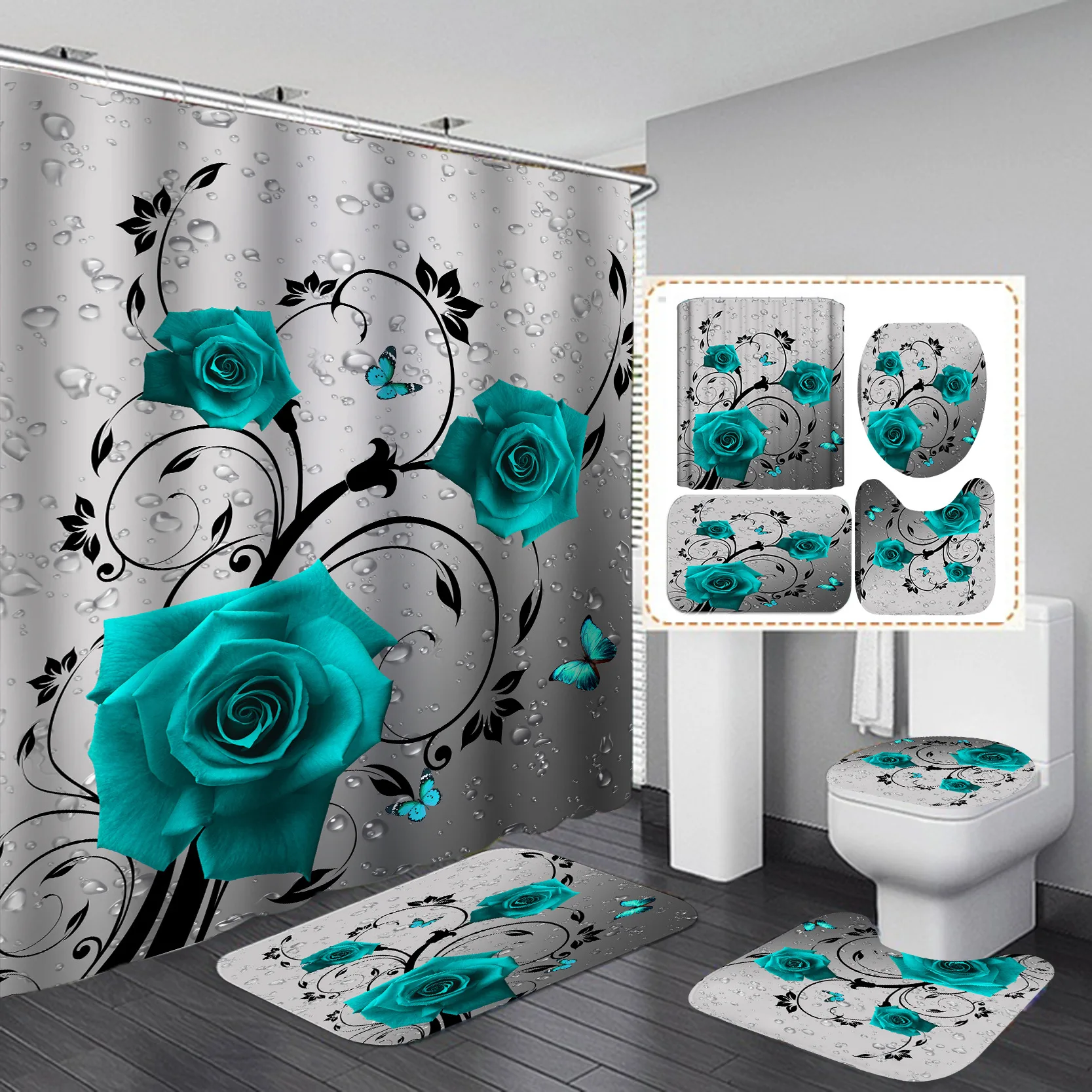 Purple Rose Shower Curtain Polyester Bath Curtain Set 3D Print 180x180 Bathroom Curtain Colorful Flowers Home Decor Dropshipping