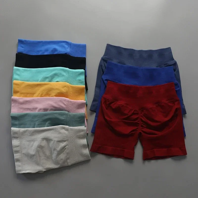 Бесшовные шорты для йоги, шорты для тренировок в тренажерном зале, эластичные шорты для бега с логотипом, шорты с низкой ребристой лентой, одежда