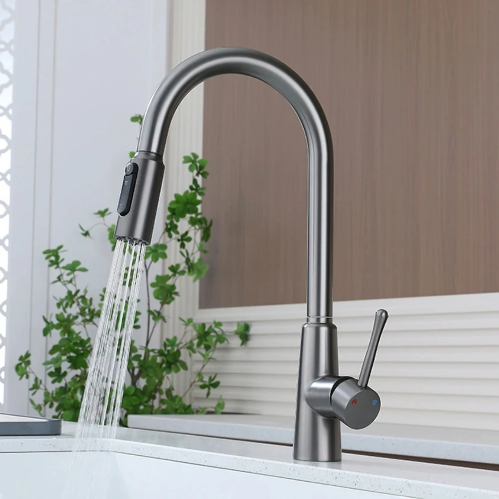 

Gun Grey, Matte Black And Brushed Grey Color, 304 Stainless Steel Mixer Cold & Hot Water , Hose Pull Down 360 Rotation Two Holes