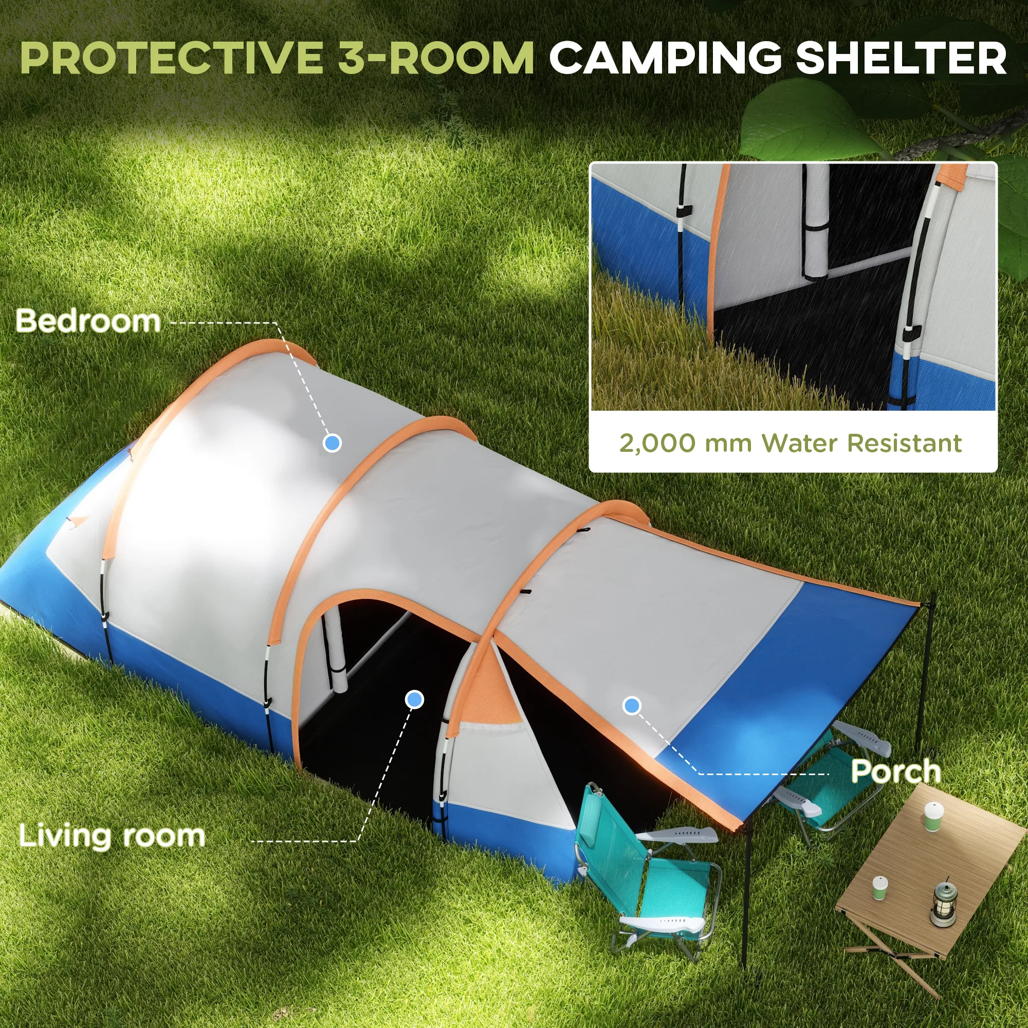 Outsunny 2-3 Man Camping Tent, Tunnel Tent with Weights, Bedroom and Living Room, 2000mm Waterproof