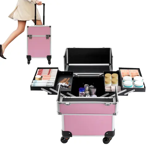 Valise de maquillage en aluminium de 18 pouces, chariot de rangement cosmétique à roulettes avec serrure à clé, grande valise de rangement portable pour salon de beauté professionnel en voyage