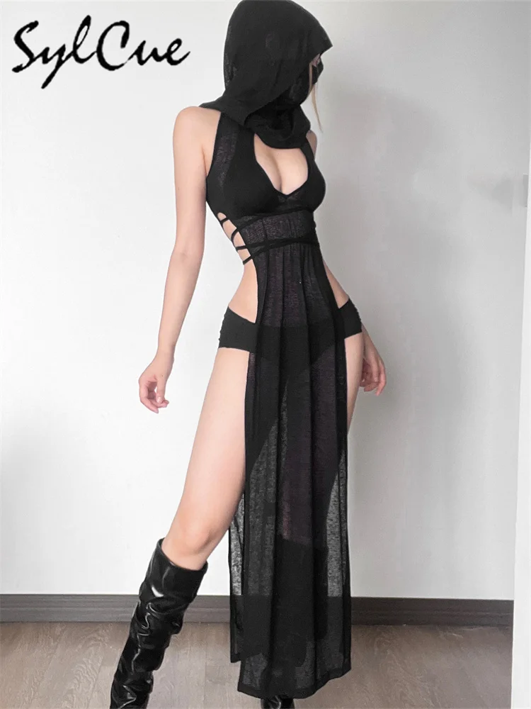 Nibber 2024 verão high street travel legal confiante preto misterioso sexy aberto avant-garde sexy quente legal vestido com capuz feminino