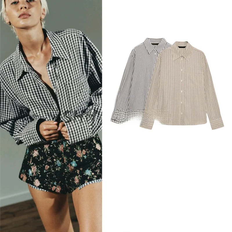 

Winter New Women's Slim Fit Long Sve irt Collar Plaid Straight Leg Top Single Row Multi Button Casual Sle Polyester Fiber