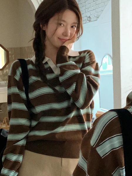 

Loose Korean Sle Women's Long Sve Ne Knitted T-irt Striped Color Blo Lazy Sle Sweater Versatile Trendy Top