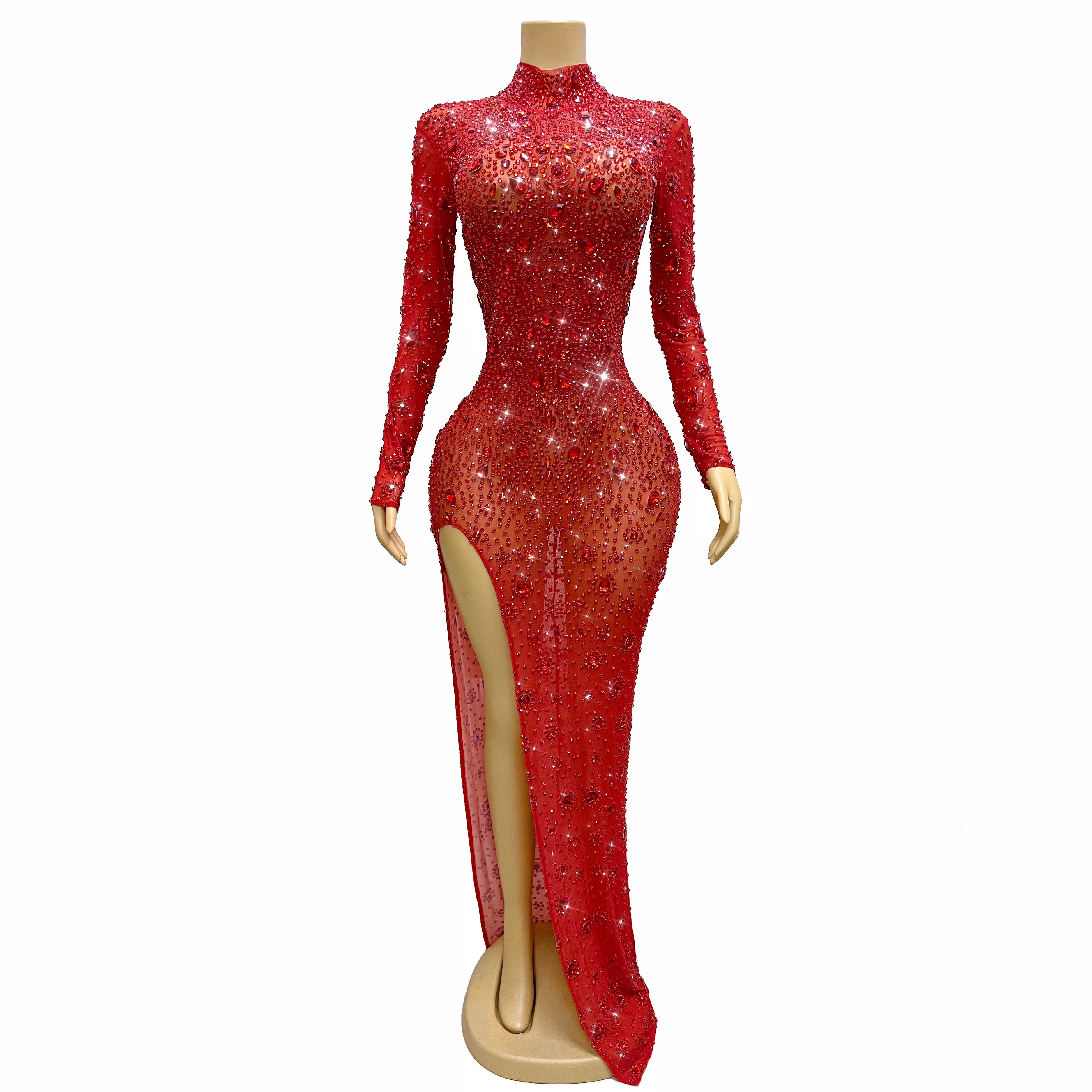 Fashion Shining Full Red Rhinestones Sexy High split Mesh Dress Evening Cocktail Party Gown Red carpet Stage Outfit Hongmanxion