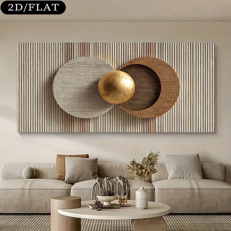 2D Flat Frameless Canvas Art  Modern Abstract Minimalist Design with a Golden Sphere Set Against a Wooden Backdrop, Suitable for