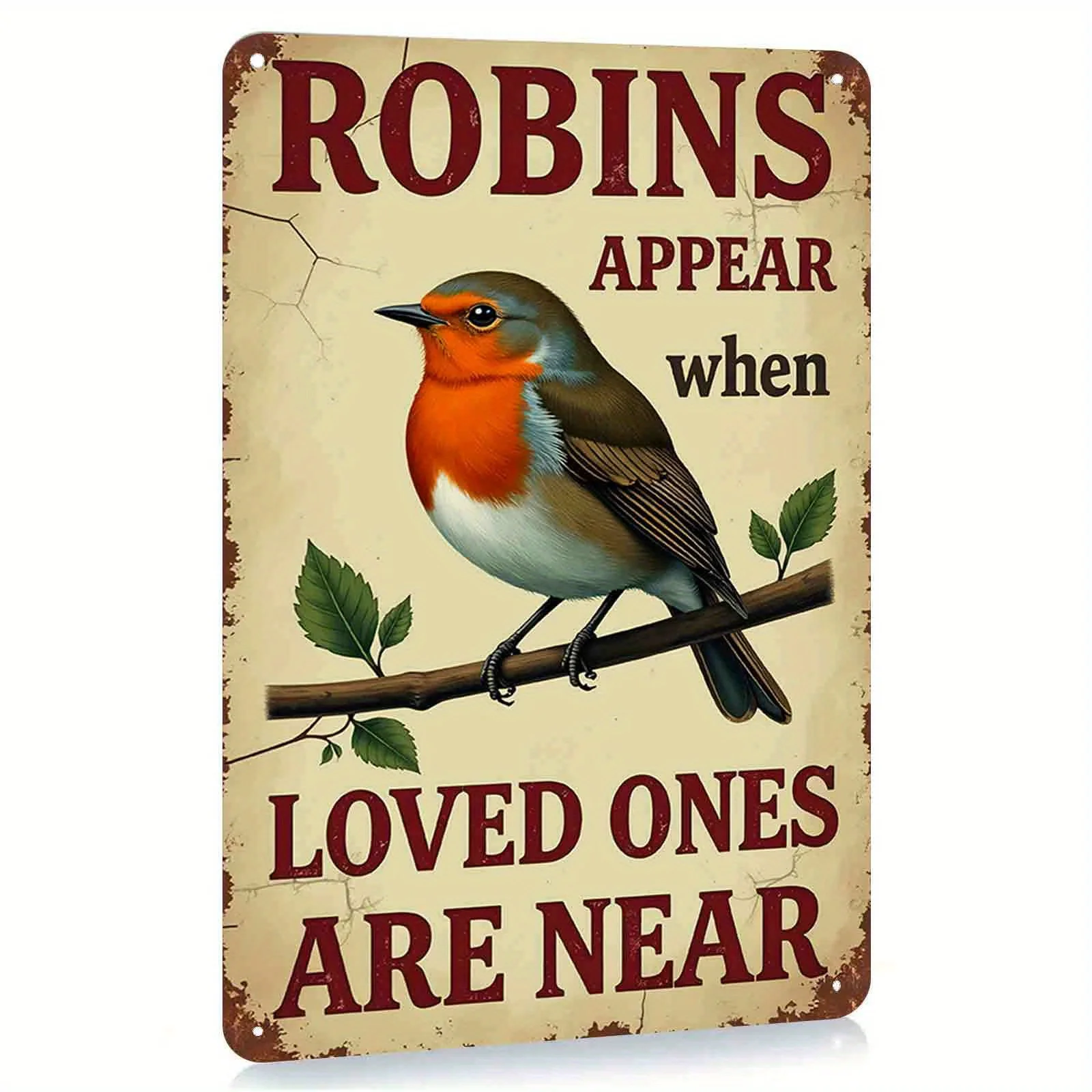 Vintage Tin Sign Wall Art "Robbins Appear When Loved Ones Are Near" with Robin Bird Design - Rustic Waterproof