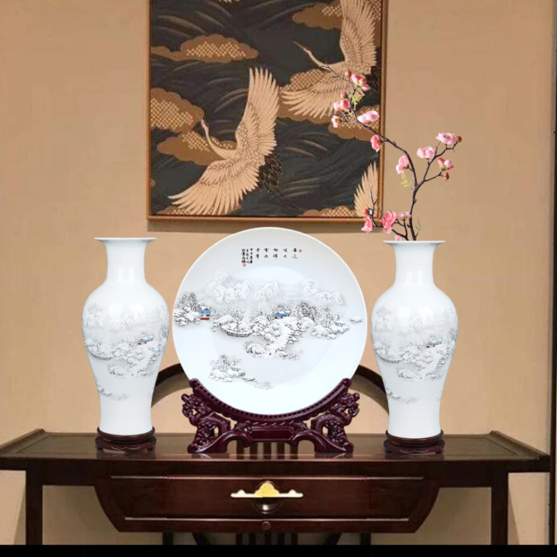 Vase Ceramic Porcelain Chinese Style Suitable for Living Room Flower Arrangement TV Cabinet Decorations Three-Piece Home Crafts