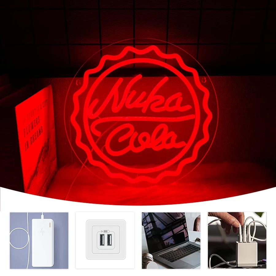Nuka Cola Led 네온 사인, 빨간색 병 뚜껑 벽 장식, USB 전원, 게임 룸, 침실, 바, Man Cave 벽 조명, Han에 쉬운.