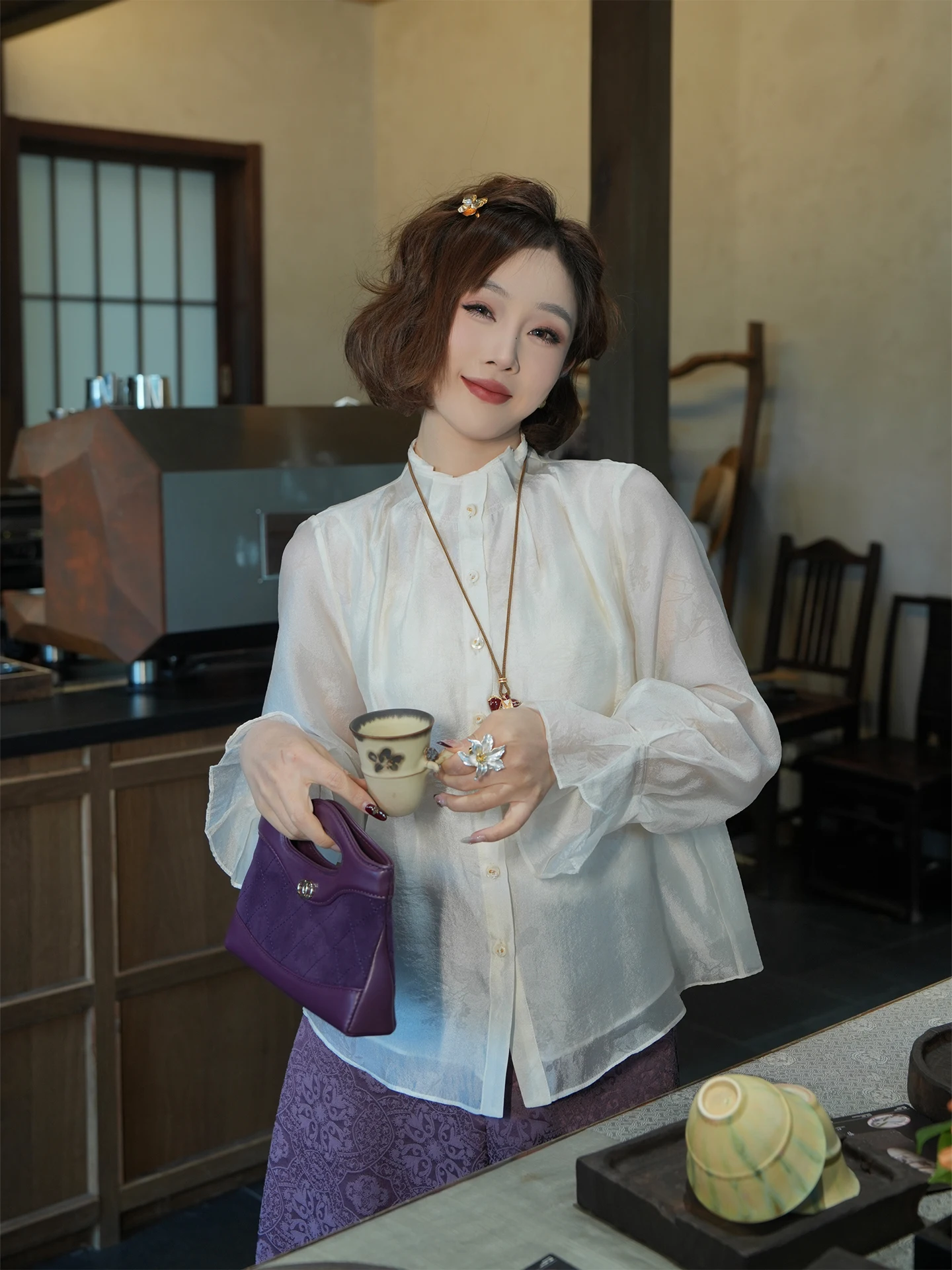 

Yolo Tea Mountain 2026 Spring Summer Women's Casual Loose irt Silk Embroidery See-tough Lace Hemline Polyester Fiber