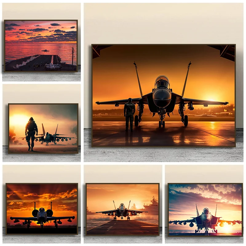 Vintage Airplane Canvas Painting Retro Fighter Jet Sunset Posters and Prints Wall Art Pictures Landscape Home Decor No Frame