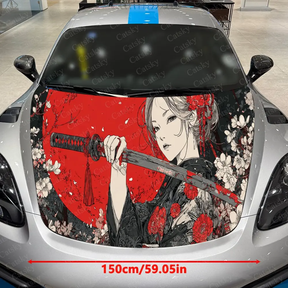 Red Moon Sword Princess Japanese Style Art Pattern PVC Car Hood Wraps, Self-Adhesive Waterproof Car Bonnet Decal Sticker, Car De