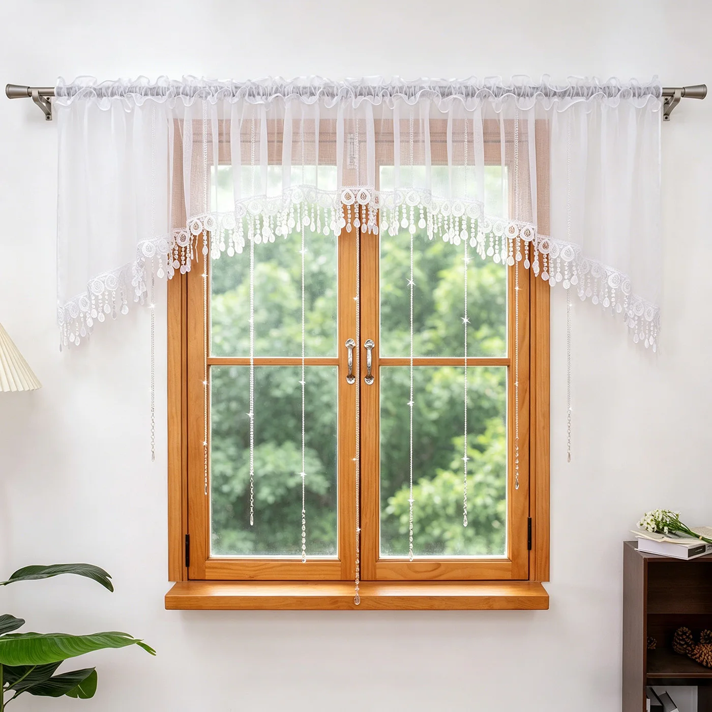 1PC Lace Semi-Transparent Sheer Curtain With Crystal Beads, Light Filtering Window Valance, For Cafe, Lovely Housewarming Gift