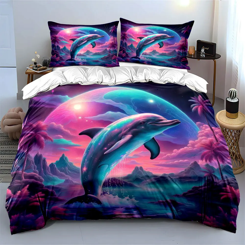 Dreamy Dolphin and Vibrant Sky Bedding Set for Kids Luxury Gift 3pcs Digital Print Comforter Set Soft Comfortable Breathable