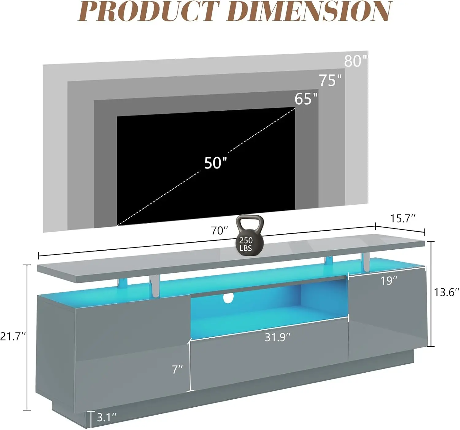 70in TV Stand with LED Light, Modern High Gloss Entertainment Center with Open Storage Shelves and Drawer for TVs Up to 80