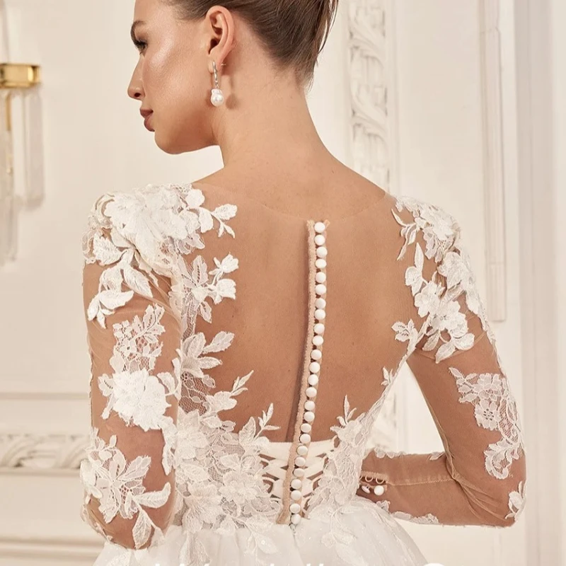 فستان زفاف قصير مخصص كم طويل مغرفة الرقبة زين بريق تول ألف خط ثوب الزفاف الصغير ل رداء العروس #4