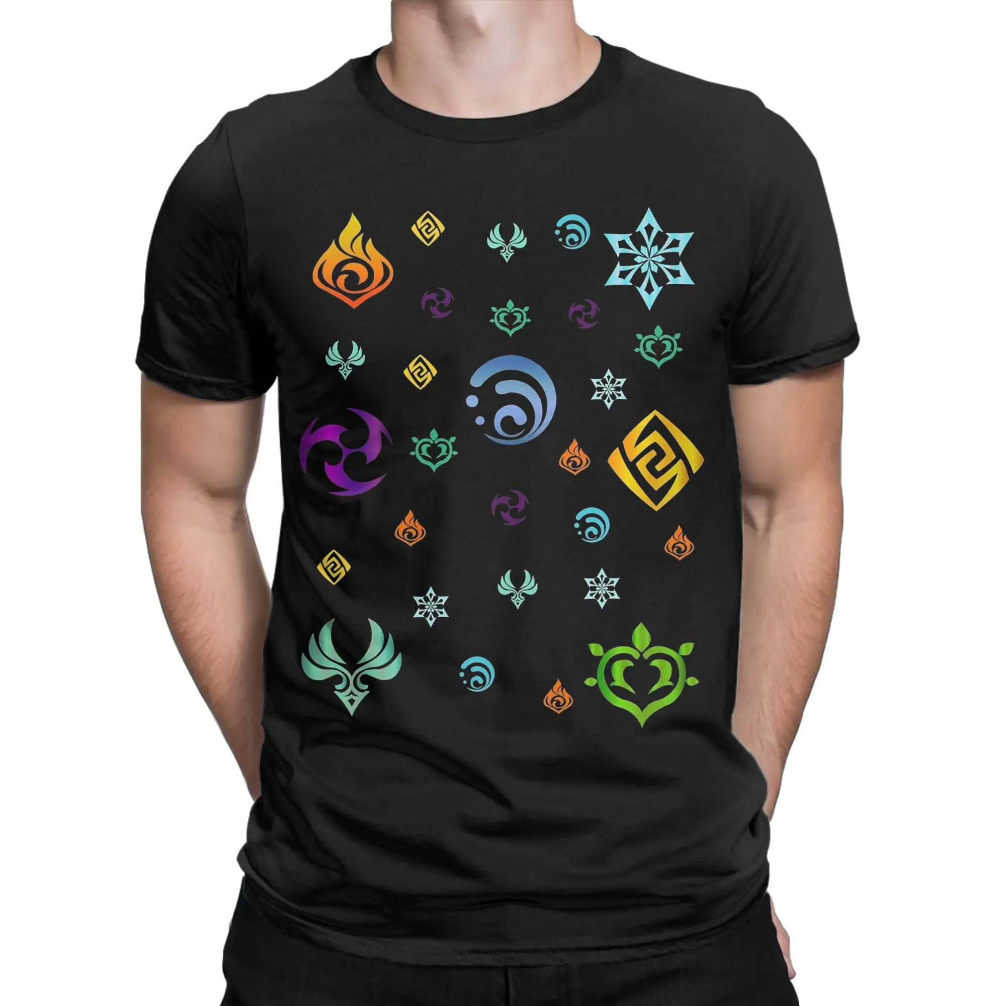 Vintage Genshin Impact Cartoon T-Shirts for Men Women Round Neck 100% Cotton T Shirts Gaming Element Tee Shirt Gift Idea Tops