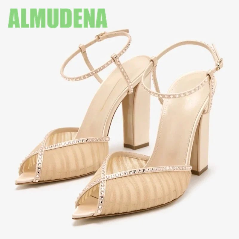 

Thick Heeled Mesh High Heels Fashionable Minimalist Design Sexy Pointed Temperament Ankle Buckle Strap Sandals De Mujer Verano