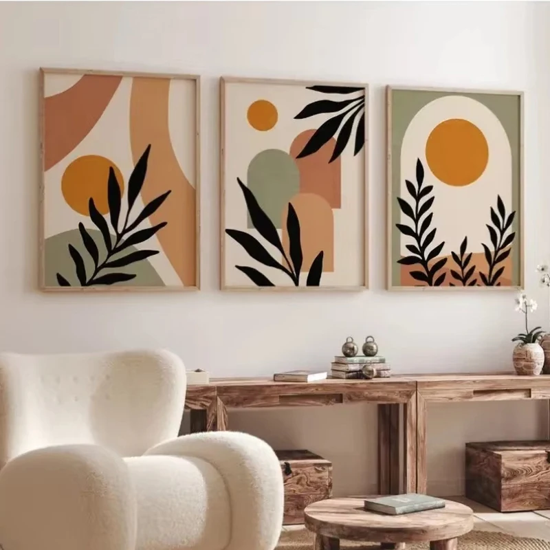 البوهيمي مجردة جدار الفن البيج الأخضر الطين الشمال الحديثة قماش اللوحة يترك كتلة غرفة نوم المشارك يطبع الصورة