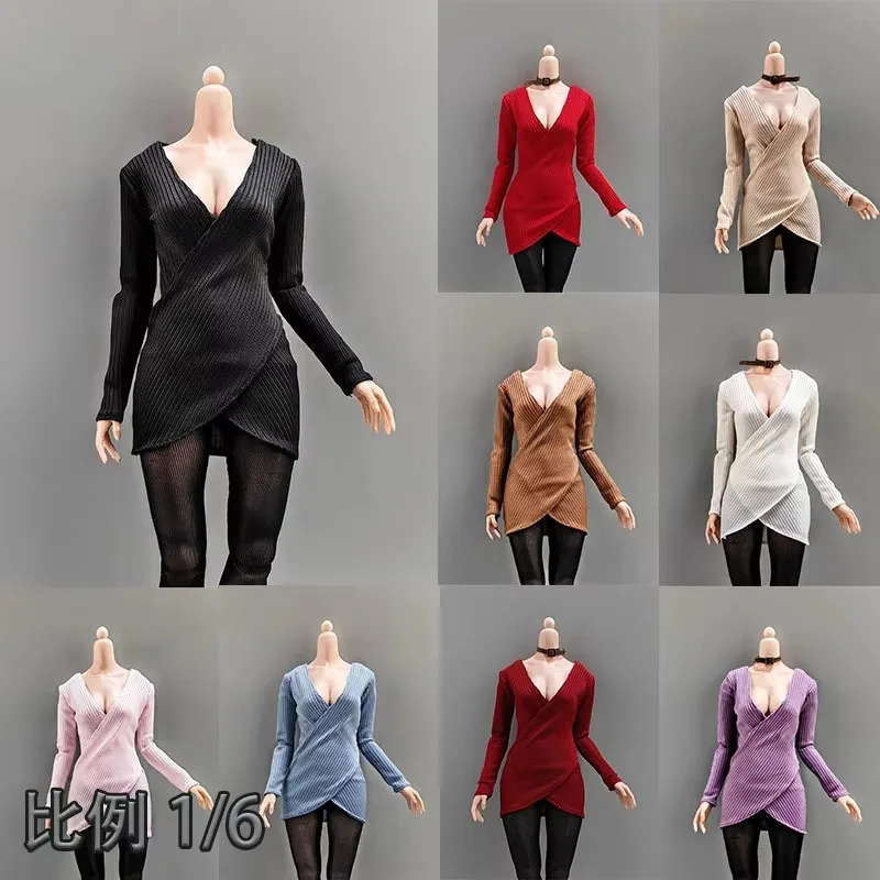 1/6 Scale Sexy V-neck Long Sleeved Evening Dress One Shoulder Sweater Long Hip Hugging Dress Clothes for 12