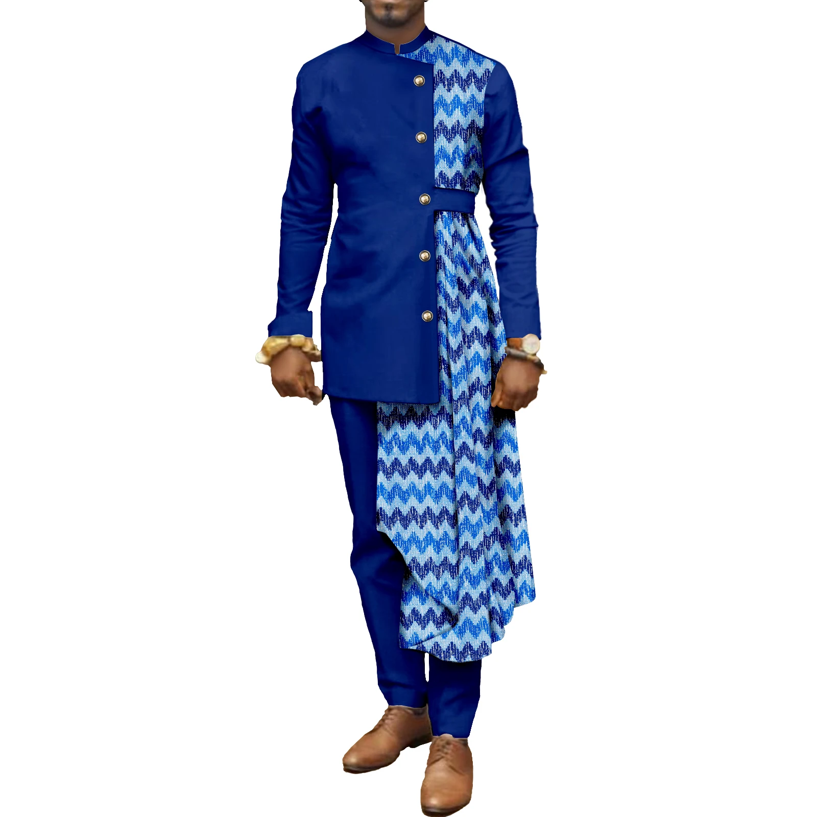 African Men Coat Long Sleeve Men 2 Piece Set Dashiki Jacket Tops Coat Ankara Print Patchwork Blazer Wedding Dress Suit Shirt