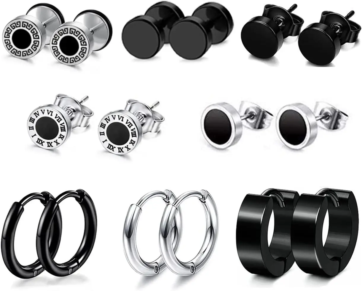 8 Pairs Earrings for Men Surgical Steel Mens Black Earrings Multipack Stud Huggie Small Hoop Earrings Set