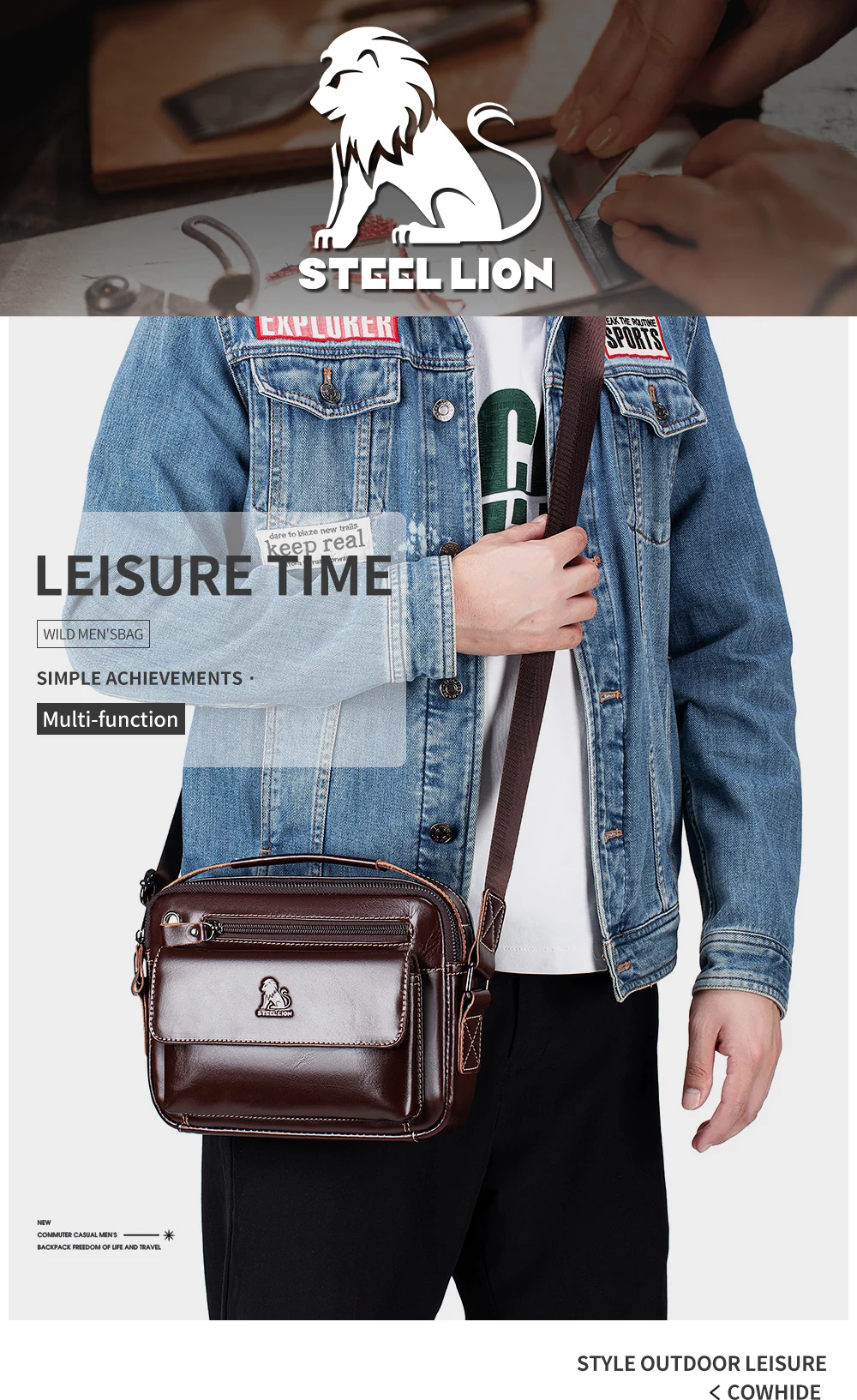 STEEL LION Herren-Umhängetasche aus Rindsleder, lässige Sporttasche, horizontale Handytasche aus echtem Leder – Detail 1