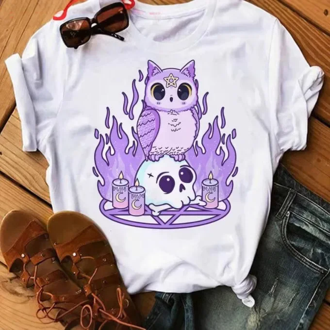 Camiseta de manga corta con estampado de gato para mujer, Tops decorativos con cuello redondo, estilo gótico Pastel, cruzado, Europa y América