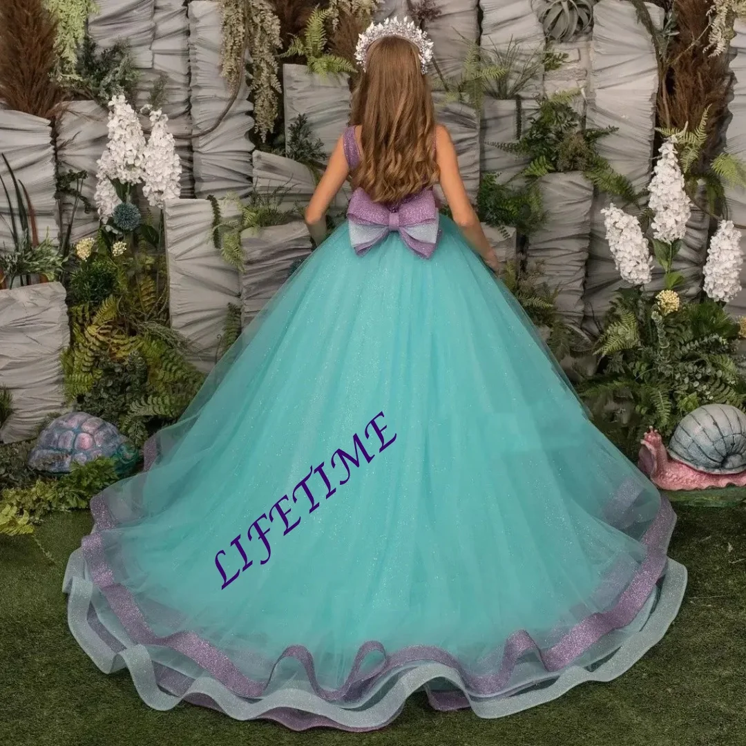 Elegant Sleeveless Flower Girl Dress Tulle Lace Printed Purple Bow Princess Ball Gown for Kids First Communion Birthday