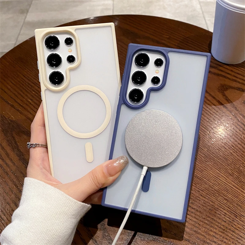 Magsafe Magnetische Draadloze Lading Case Voor Samsung Galaxy S25 S24 S23 S22 S21 Ultra Plus Matte Schokbestendig Clear Hard Cover