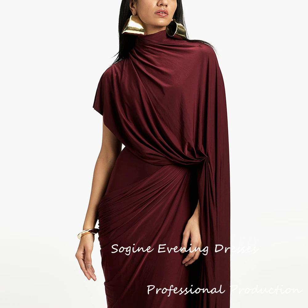 Cetim alta pescoço personalizado vestidos de baile meia manga sereia ruched borgonha cocktail vestidos de festa longo vestido formal para mulheres sexy