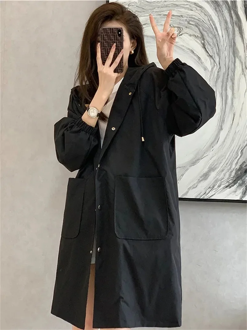 Trench coat longo feminino cor sólida elegante blusão solto confortável com capuz temperamento senhoras capa de chuva