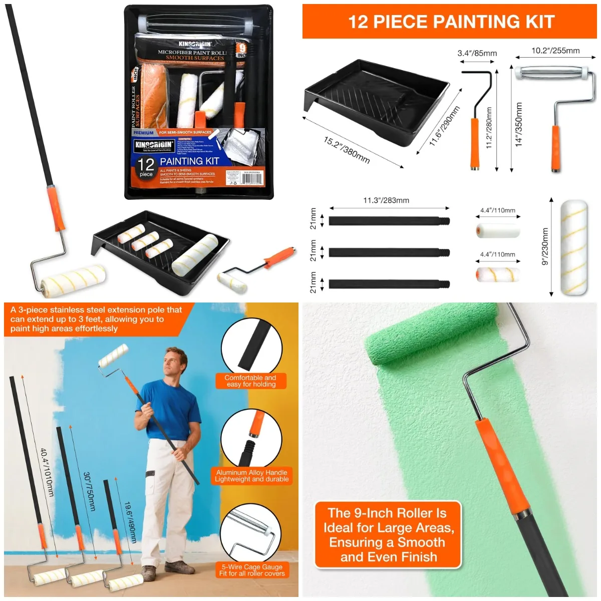 

King Origin 12-Piece Paint Roller Kit - 9' & 4' Rollers, Frame, Tray, Pole for Interior Walls