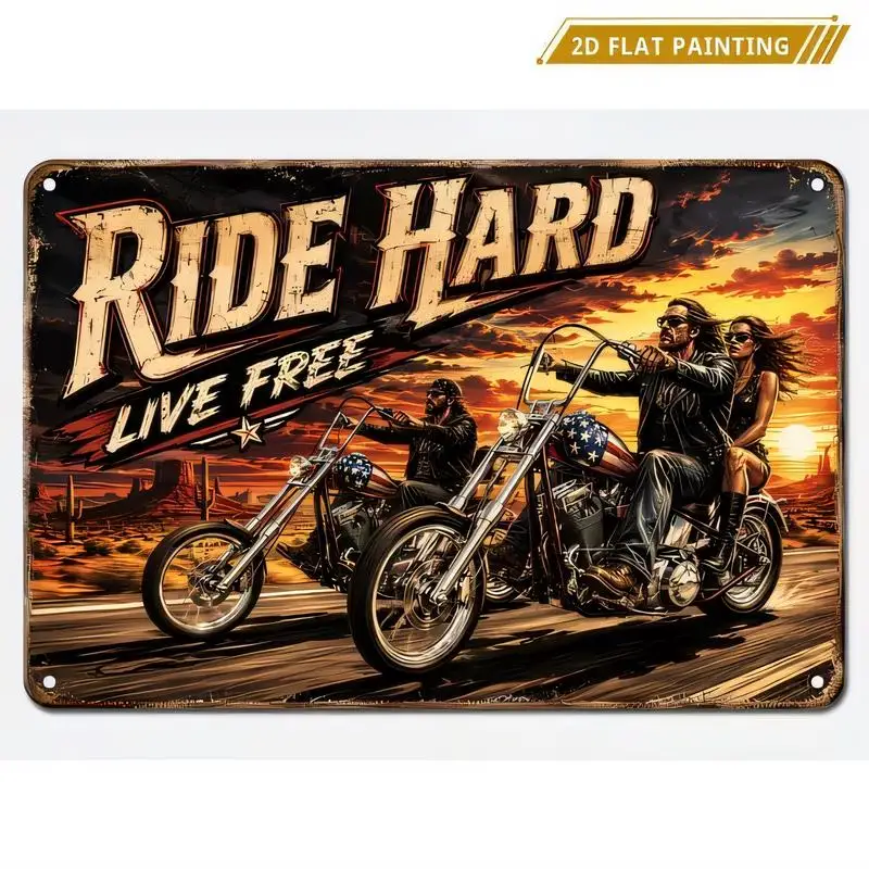 Ride Hard Live Free Vintage Metal Sign - Motorcycle Riders & Sunset Desert Design, Retro Biker-Themed Iron Wall Art, Perfect for