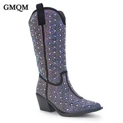 GMQM Fashion Women's Western Mid-Calf Boots Cowboy Cowgirl Shiny Rhinestone Pointed Toe Zipper High Heels Nashville Party Luxury