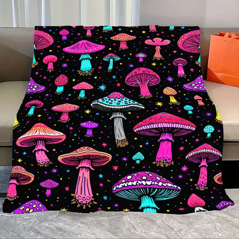 

1pc Flannel Blanket Psychedelic Mushroom Blanket - Vibrant Neon Print for Cozy Nights