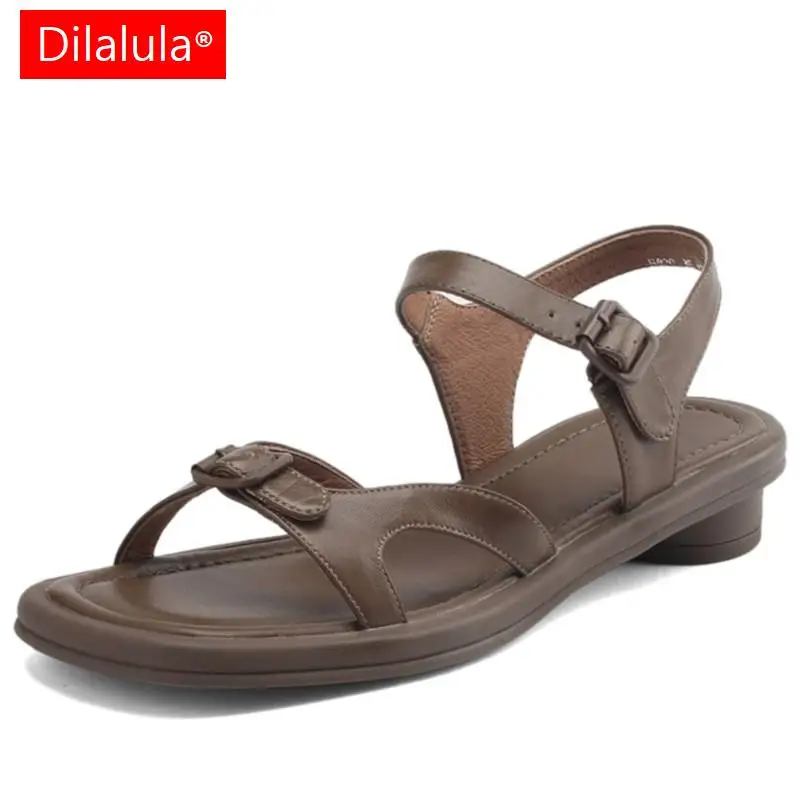 Dilalula Leisure Low Heels Women Sandals Summer New Arrival Ankle Strap Casual Working Genuine Leather Shoes Woman Basic Concise