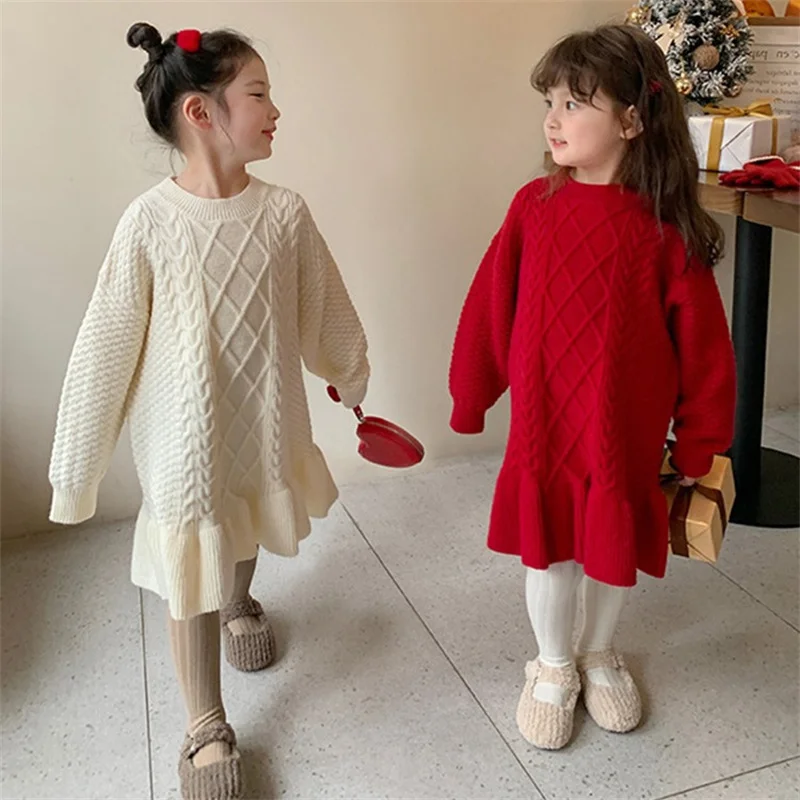 Girls Thicken Knitted Dress Children Autumn Winter Warm Gown Princess Sweaters Vestidos 2024 New Kids Fashion Clothing 2-8Y