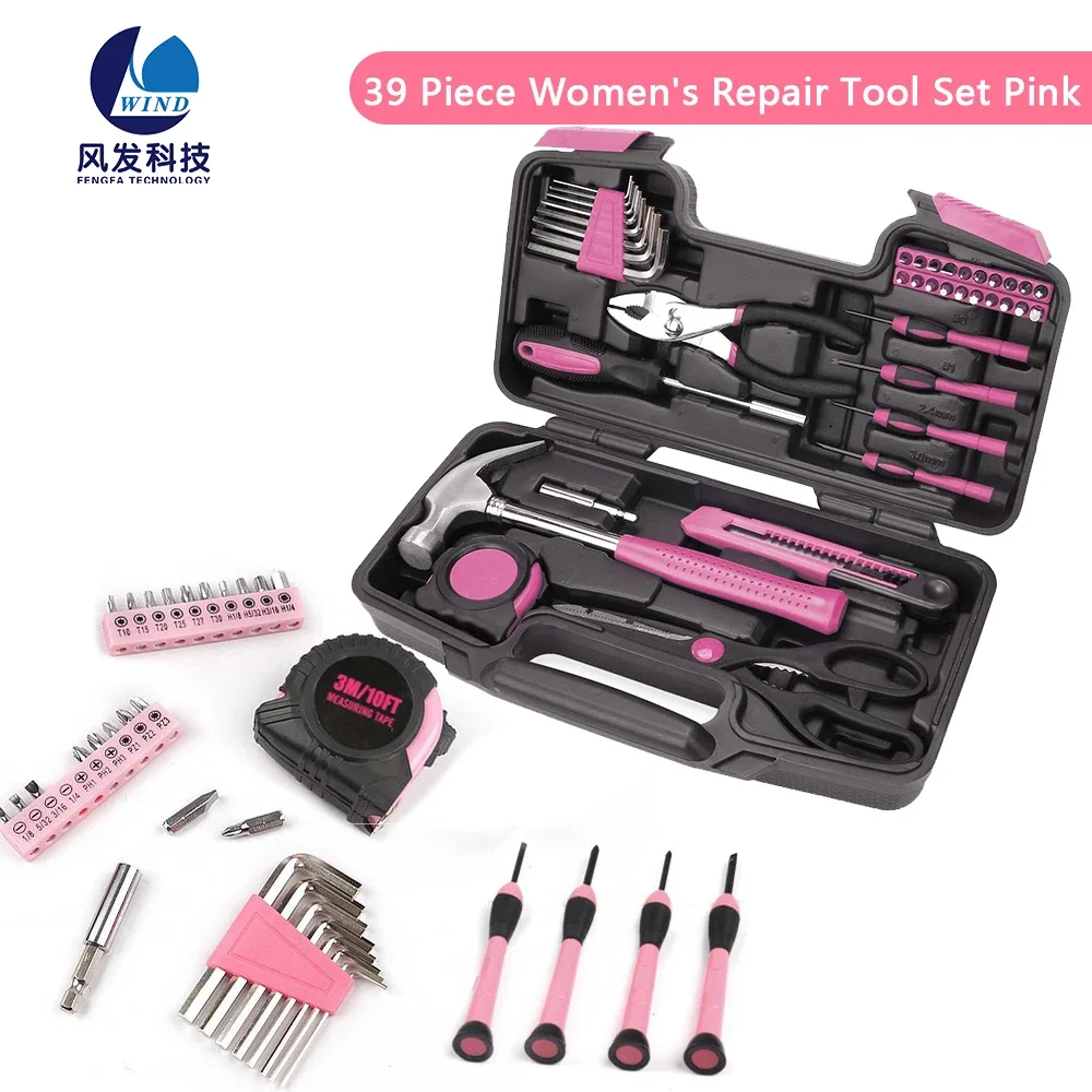 

Набор инструментов для домашнего пользования, пластиковый ящик для инструментов, розовый «сделай сам» для женщин, дома, офиса, колледжа, общежития, базовые дамские инструменты для девочек, 39 штук