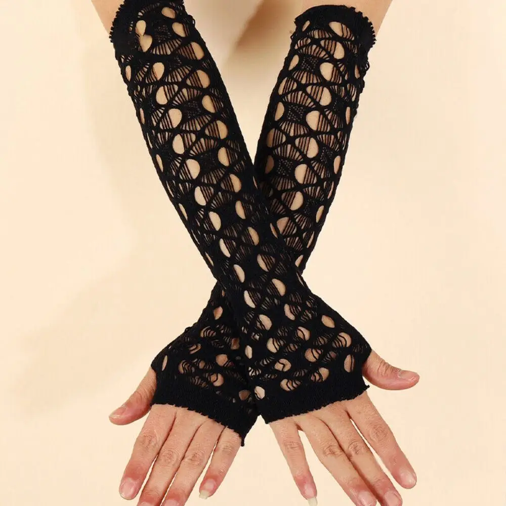 

Stretchy Women Long Gloves Retro Punk Cross Hollow Fishnet Mesh Fingerless Gloves Gothic Black Cosplay Arm Covers