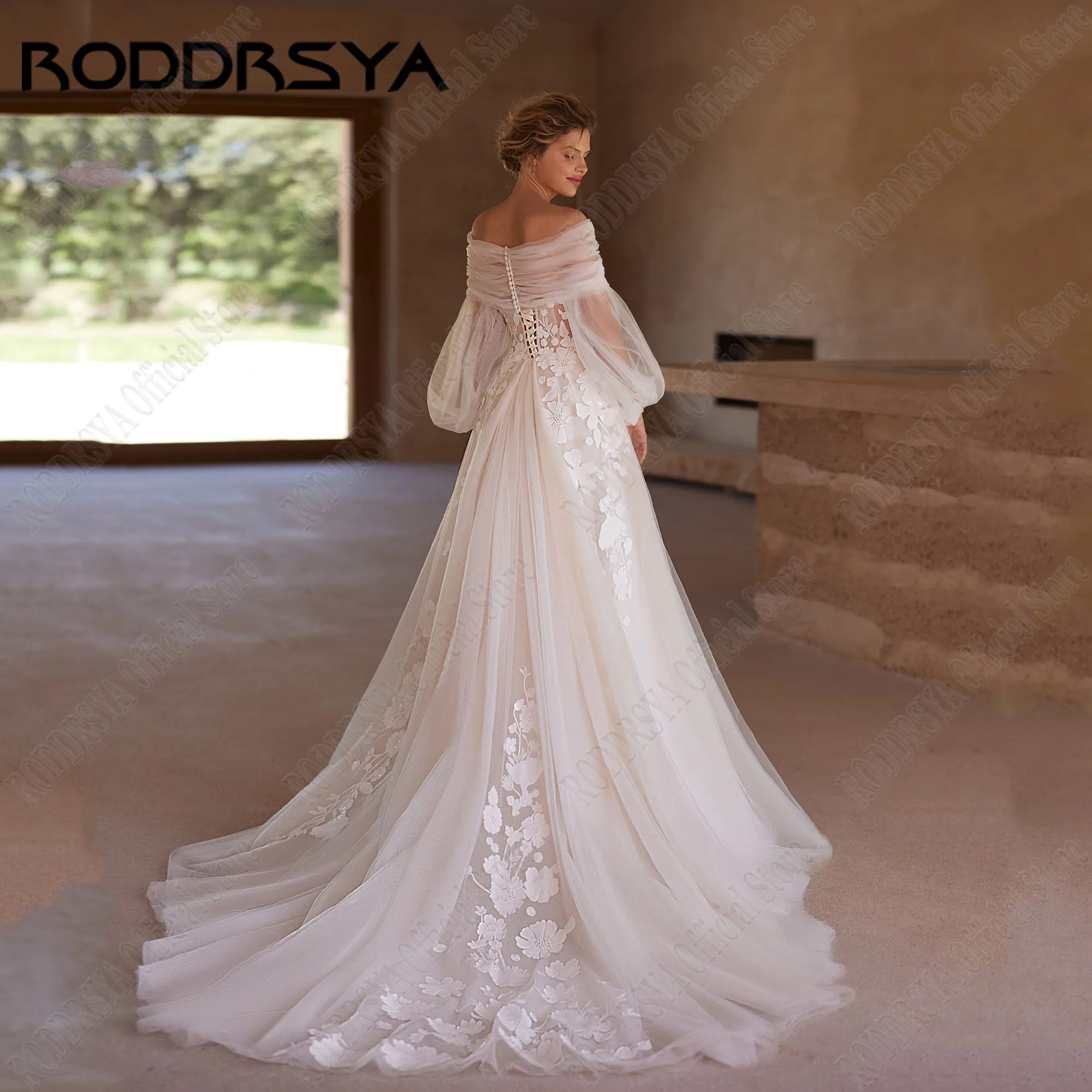 RODDRSYA Sparkling Strapless Wedding Dresses 2024 Bride Puff Sleeves Sequin Beading A-Line Lace Up Robe De Mariée Customized