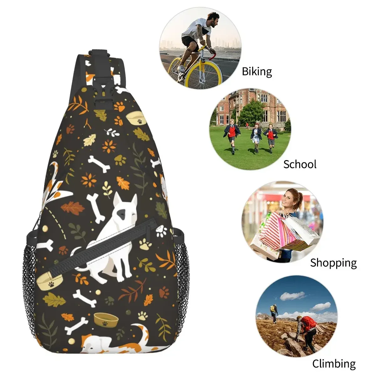 Cartoon Dogs Crossbody Sling Bag Fashion Chest Bag Bones Bull Terrier Shoulder Backpack Daypack for Hiking Outdoor Camping Bag