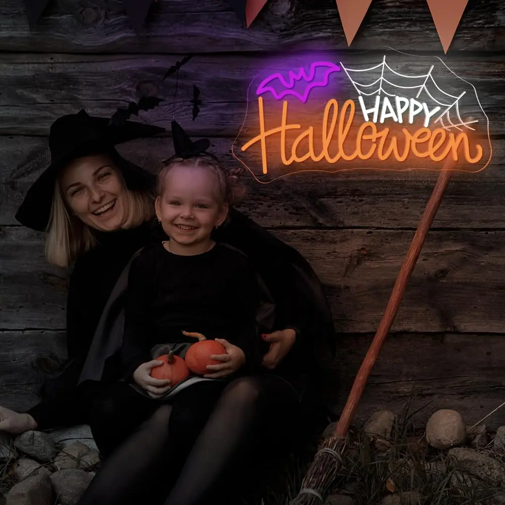 Happy Halloween Spider Web Neon Sign USB Powered Led Light Sign Wall Decor voor Window Home Bar Party Spooky Haunted Mansion Deco